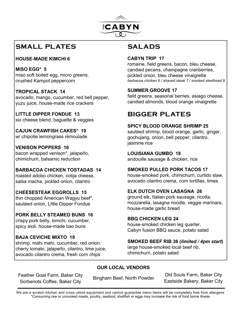 The Cabyn Cocktail Bar & Kitchen menu board
