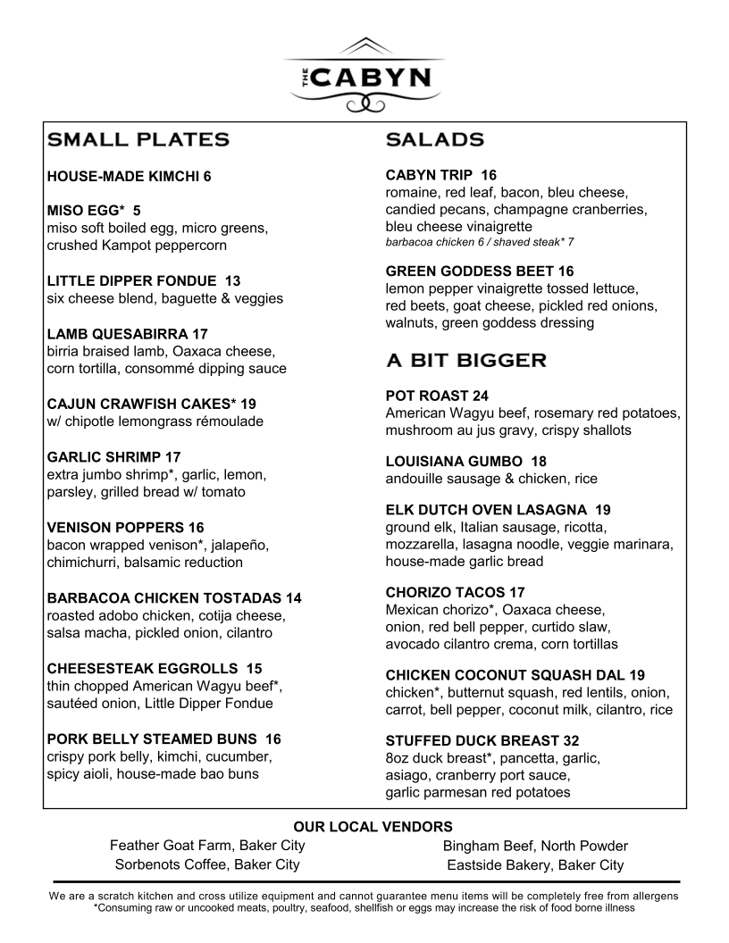 The Cabyn Cocktail Bar & Kitchen menu board