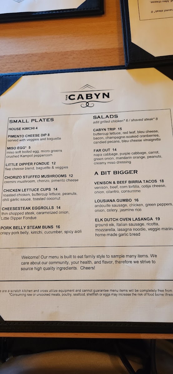 The Cabyn Cocktail Bar & Kitchen menu board