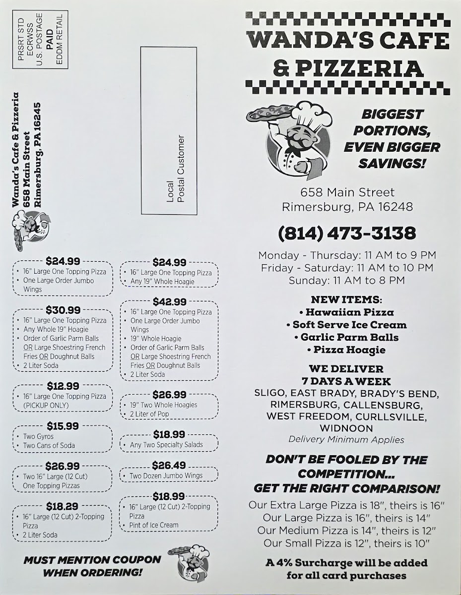 Wanda's Cafe and Pizzeria menu board