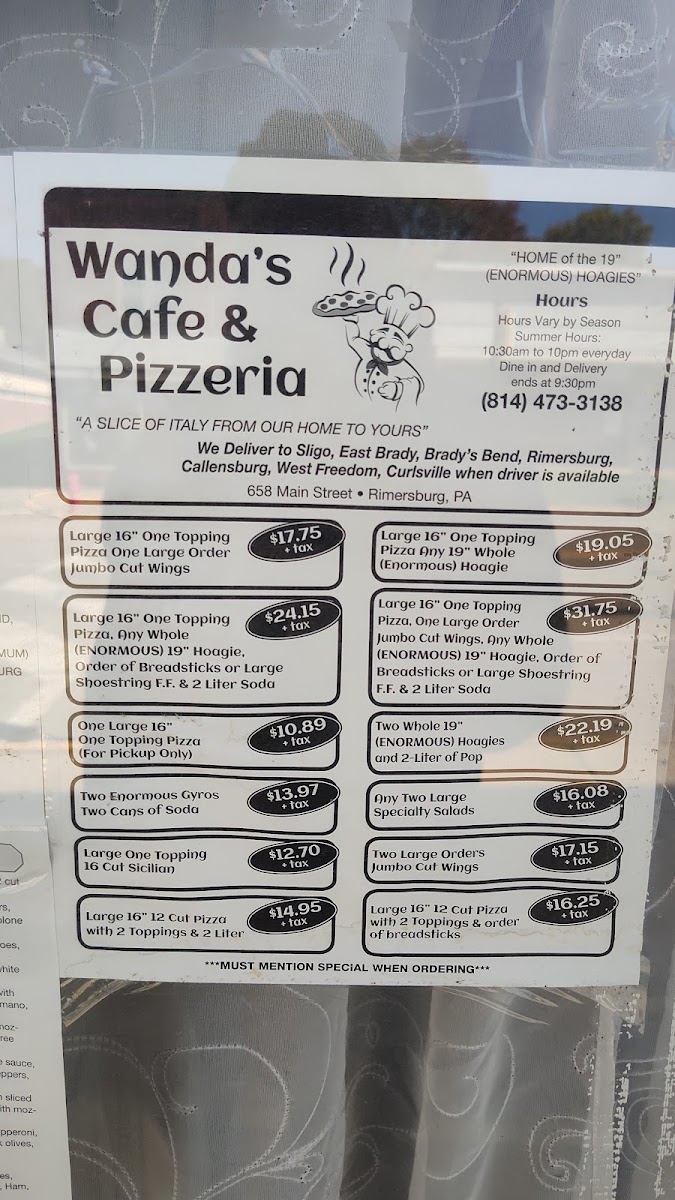 Wanda's Cafe and Pizzeria menu board