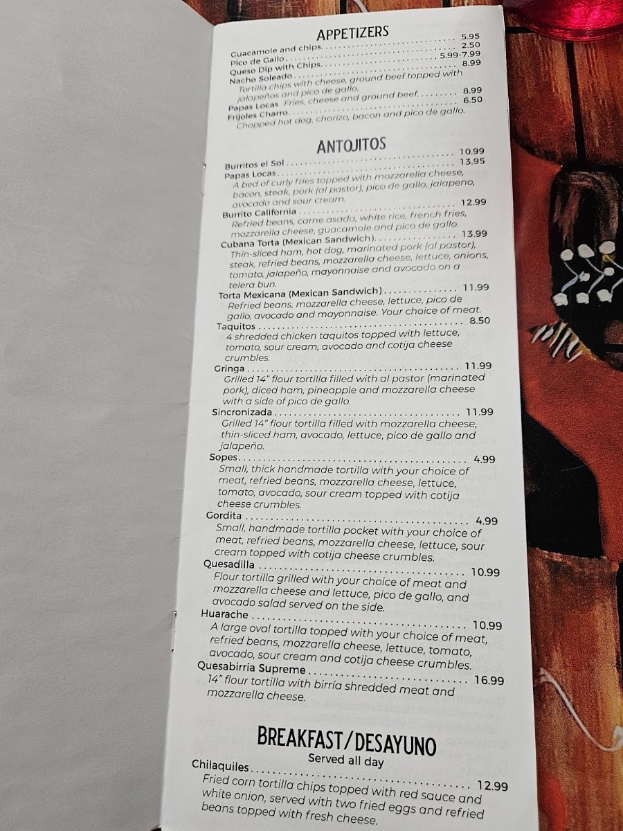 Antojitos Mexicanos El Sol menu board