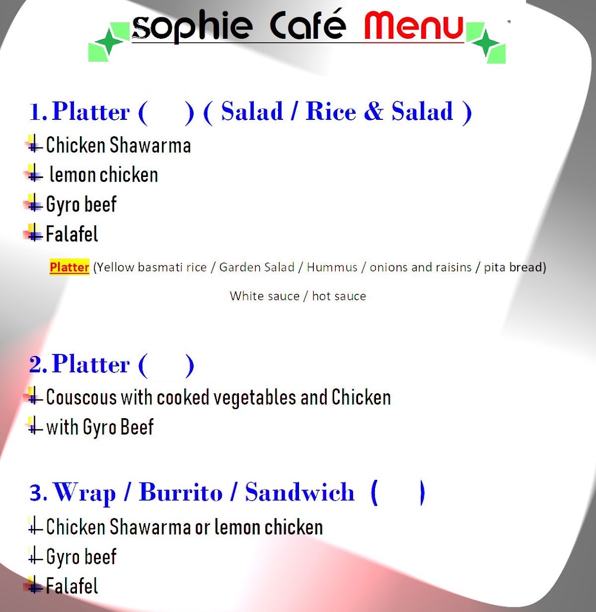 Sophie Café menu board