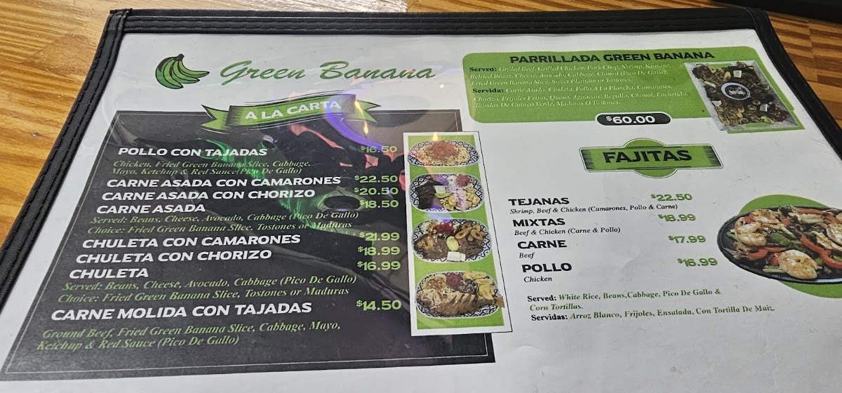 Green Banana Restaurante Hondureño menu board