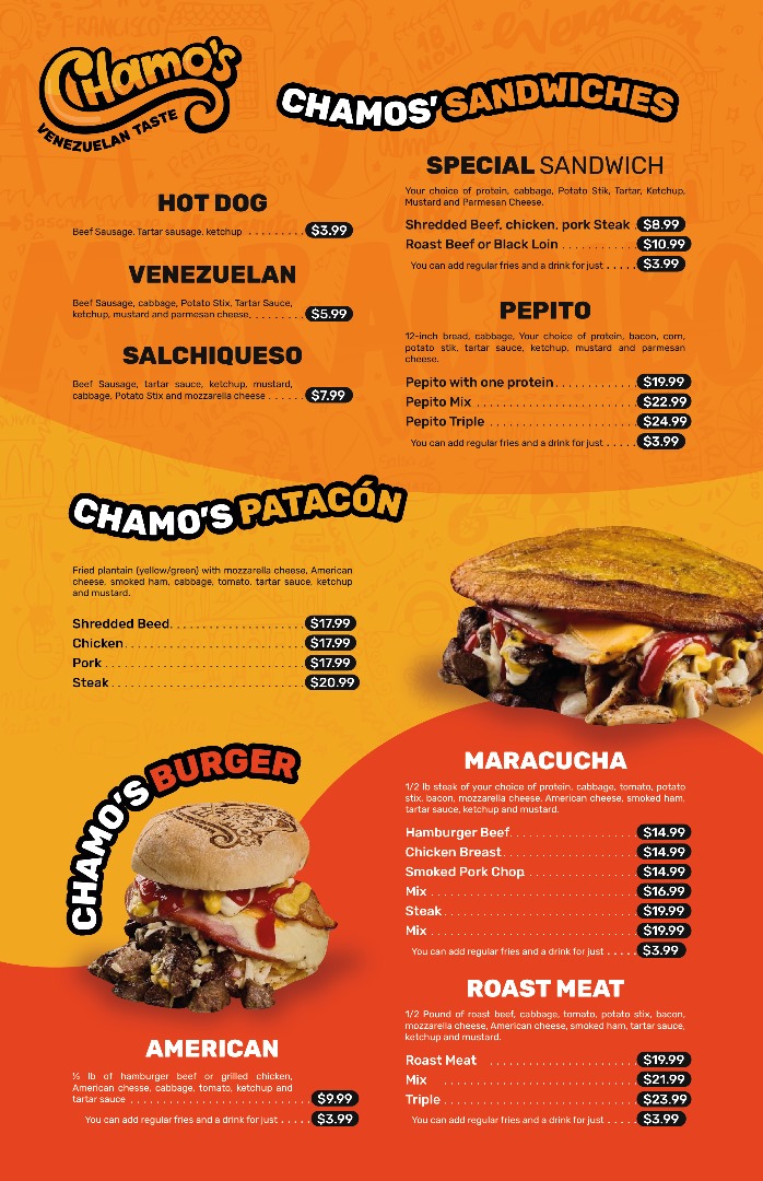 Chamos Venezuelan taste Herriman menu board