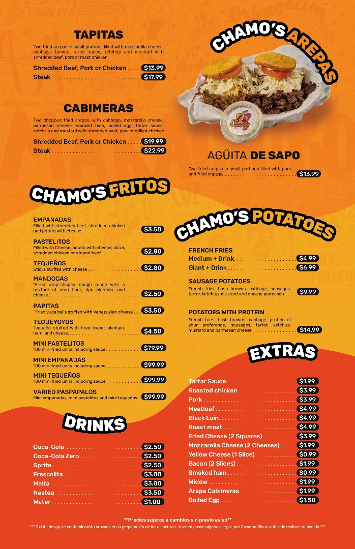 Chamos Venezuelan taste Herriman menu board