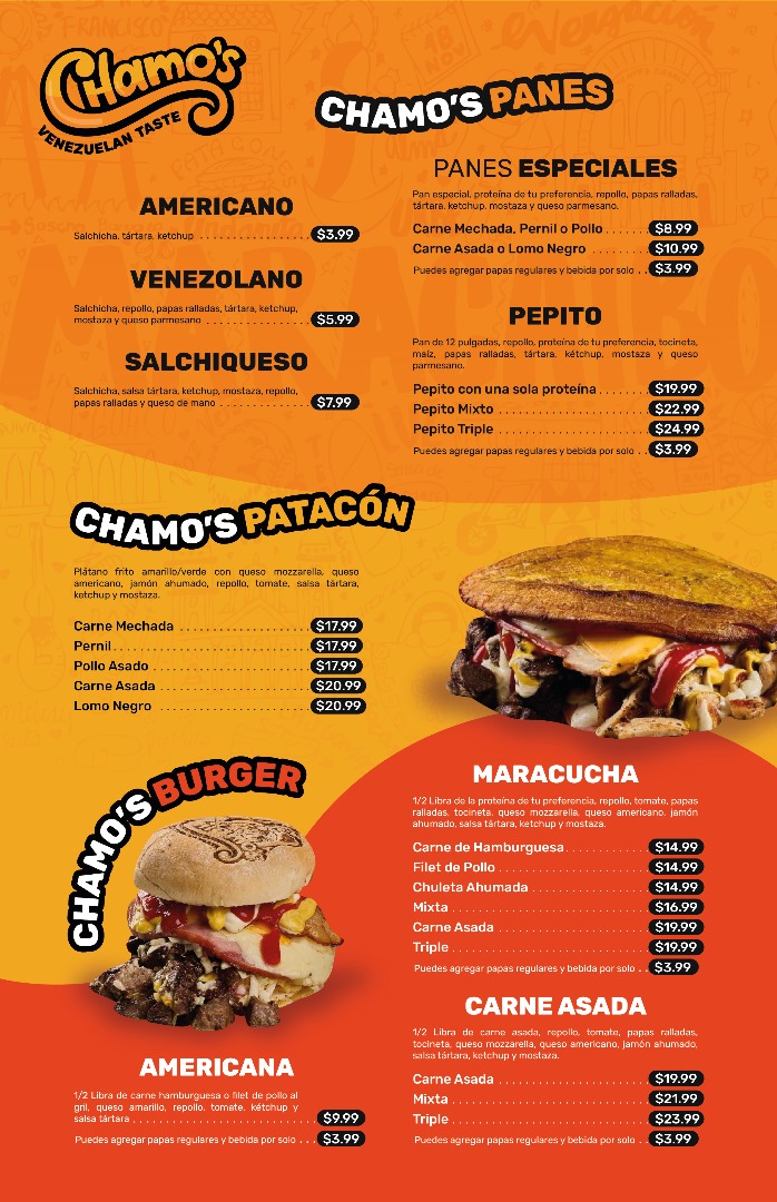 Chamos Venezuelan taste Herriman menu board