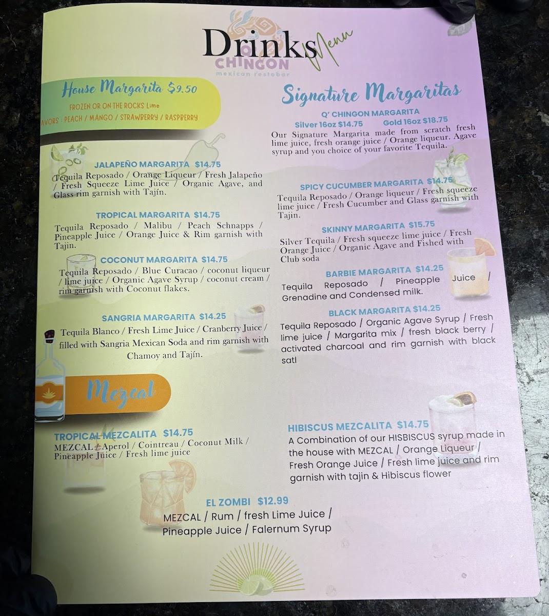 Q’ Chingon Mexican Restobar menu board