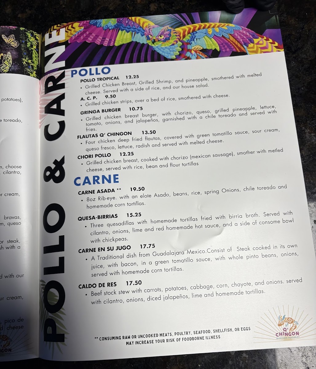 Q’ Chingon Mexican Restobar menu board