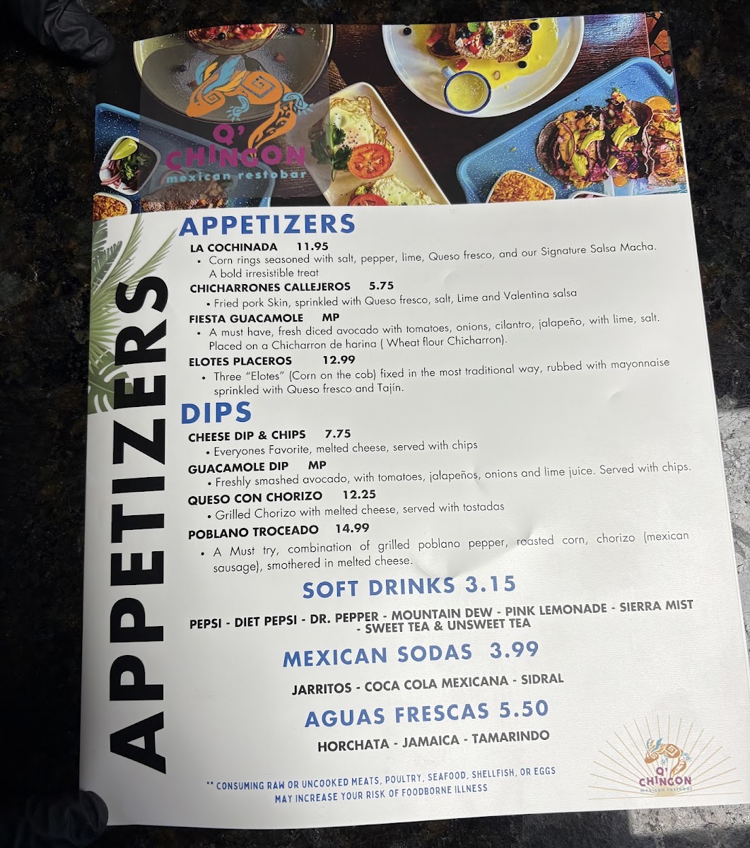 Q’ Chingon Mexican Restobar menu board