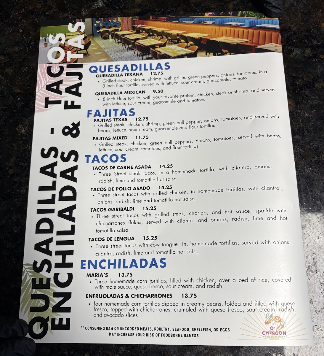 Q’ Chingon Mexican Restobar menu board