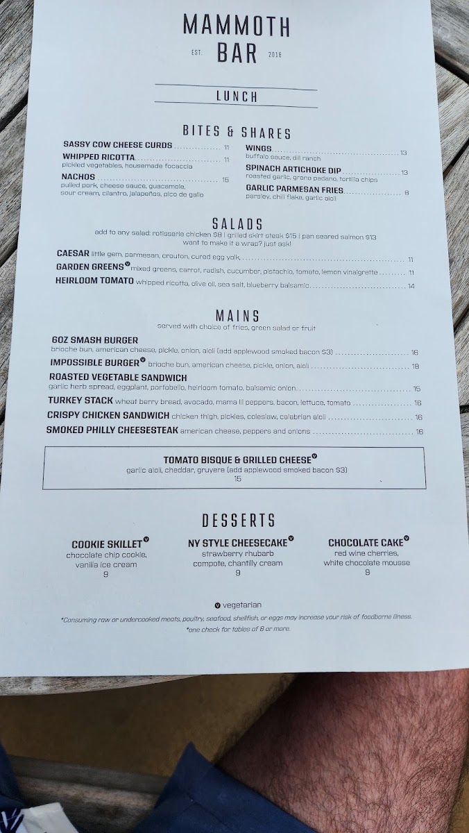 Mammoth Bar menu board