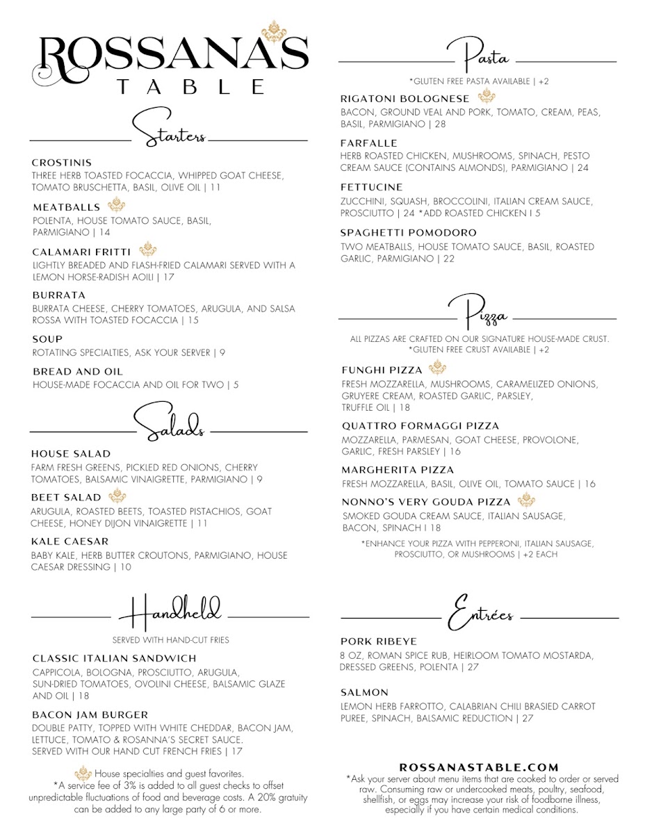 Rossana's Table menu board
