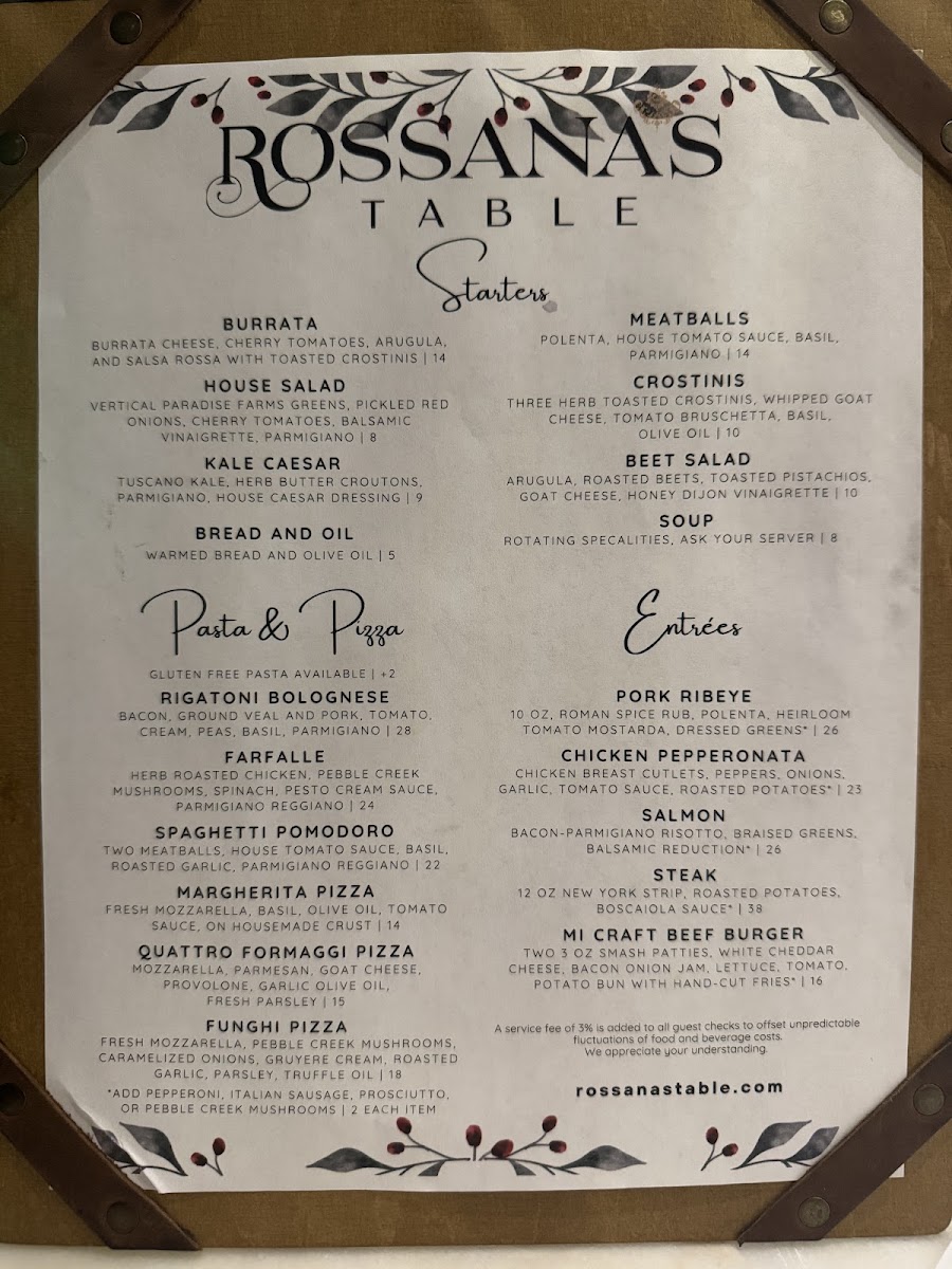 Rossana's Table menu board