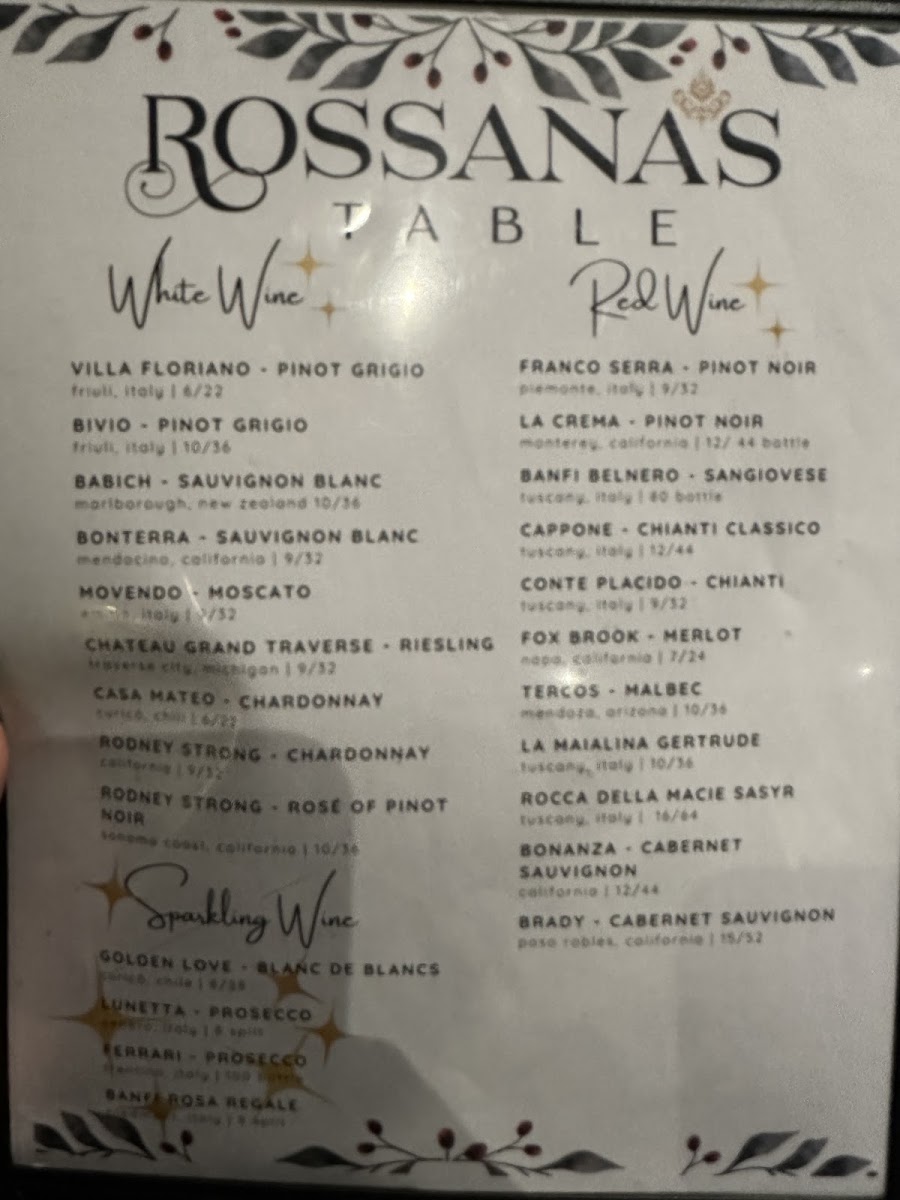 Rossana's Table menu board
