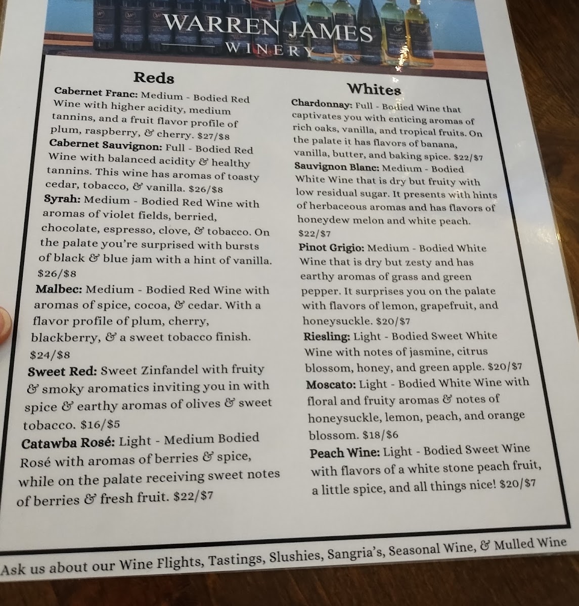 Warren James Winery menu board