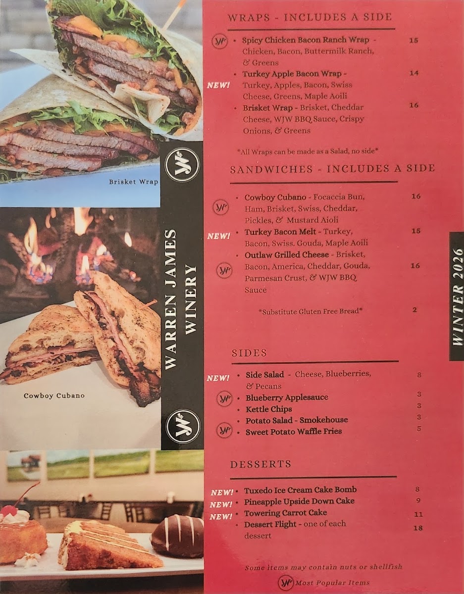 Warren James Winery menu board