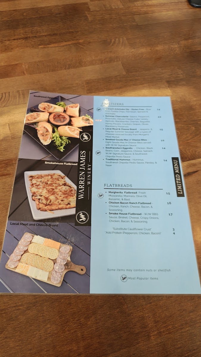 Warren James Winery menu board