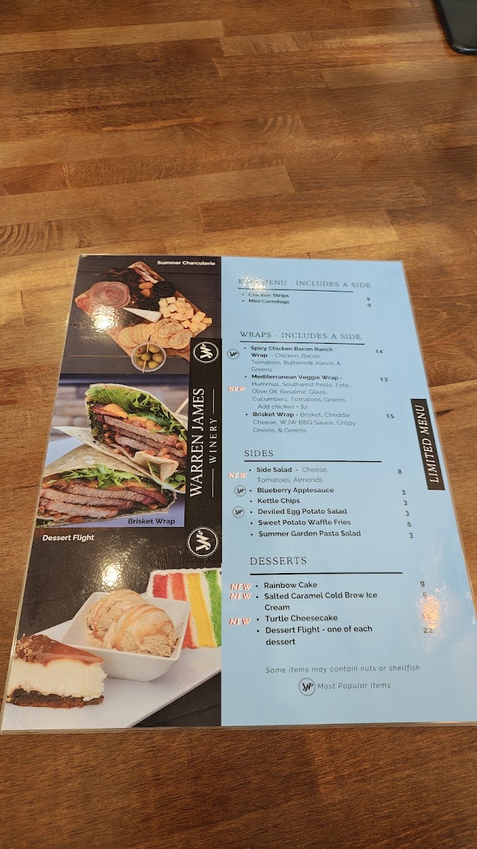 Warren James Winery menu board