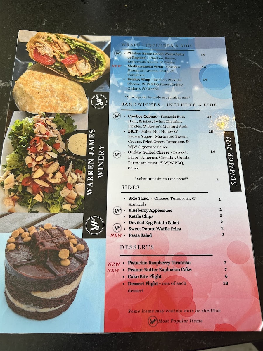 Warren James Winery menu board