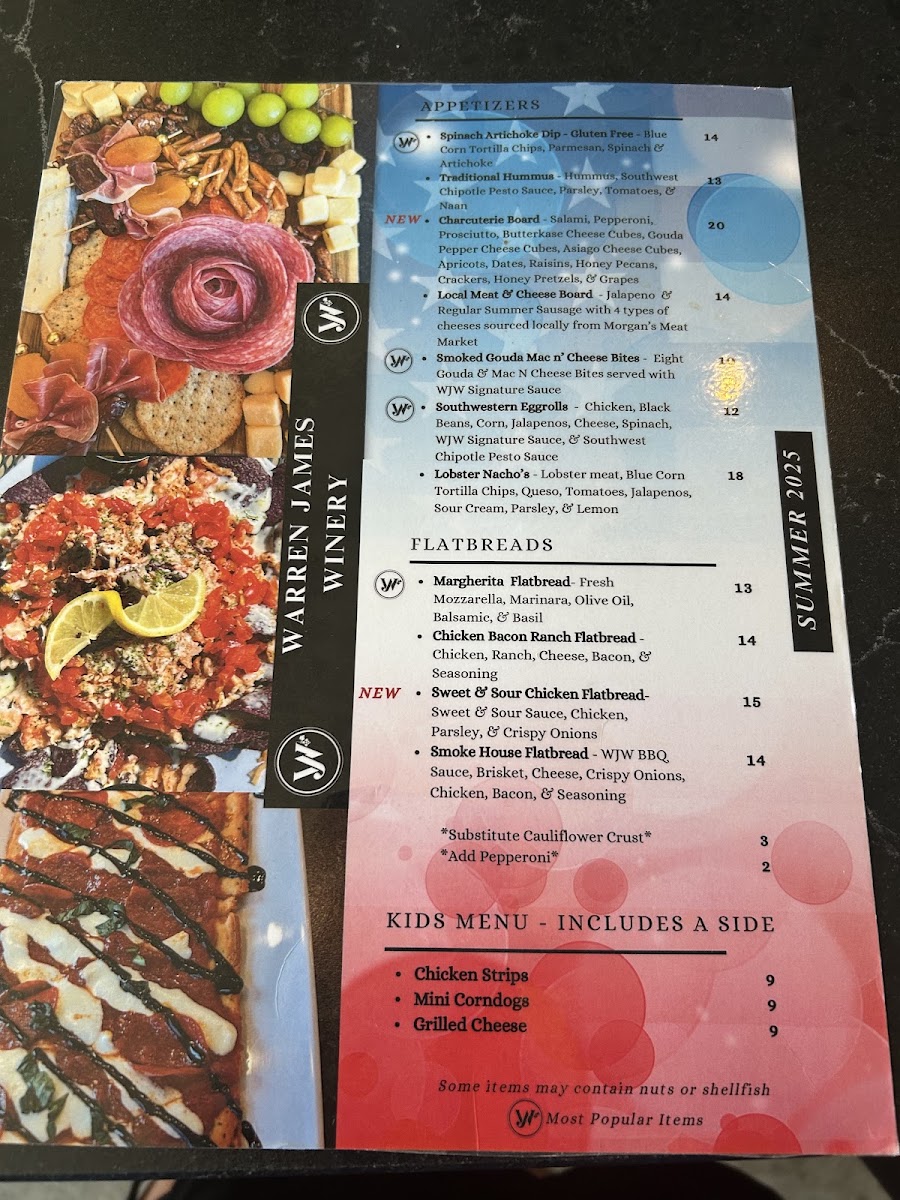 Warren James Winery menu board