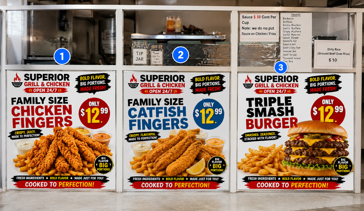 Superior Grill and chicken menu board
