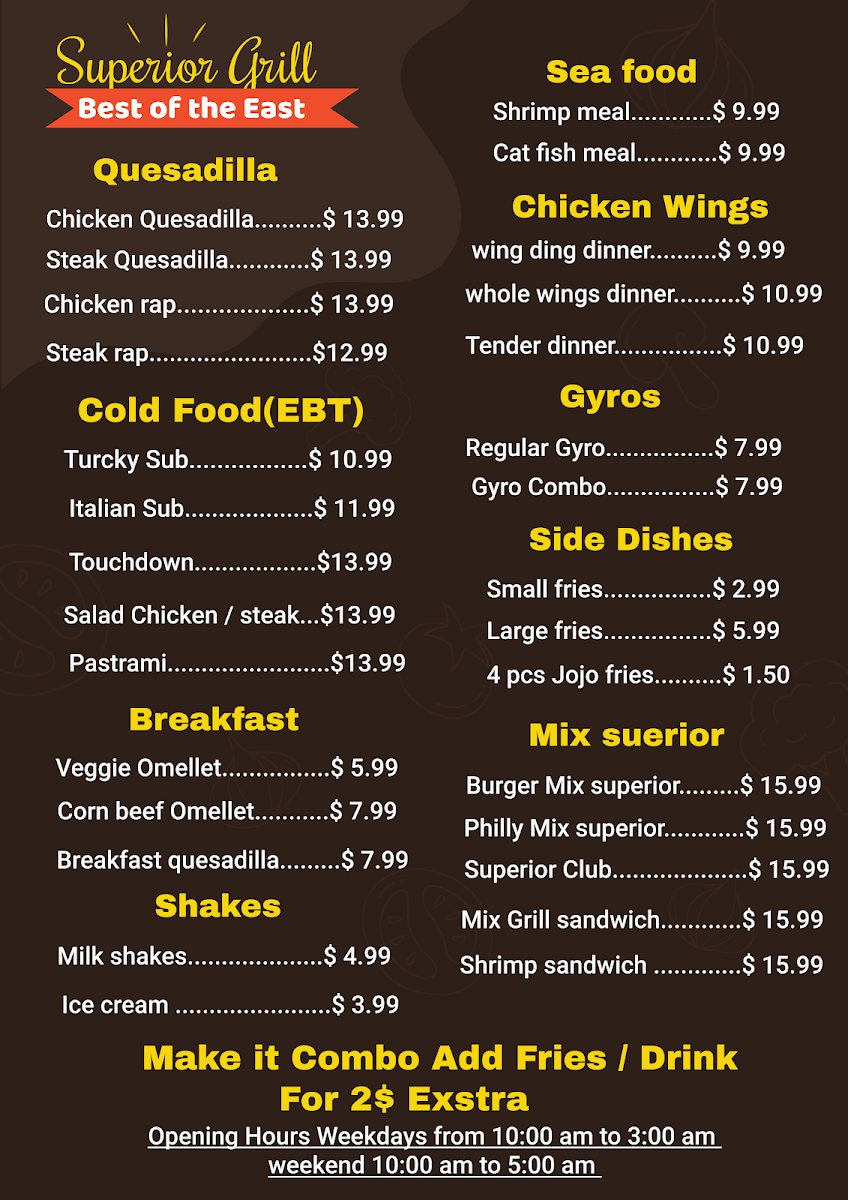 Superior Grill and chicken menu board