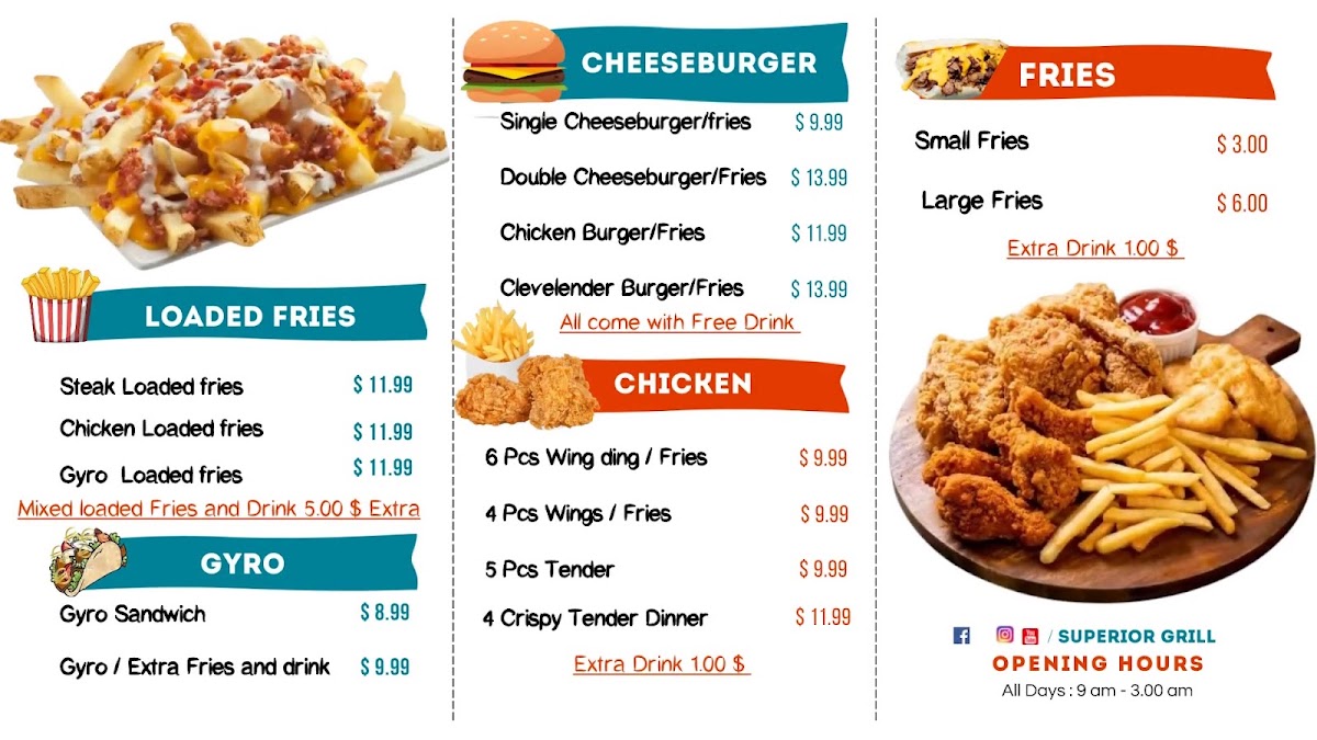 Superior Grill and chicken menu board