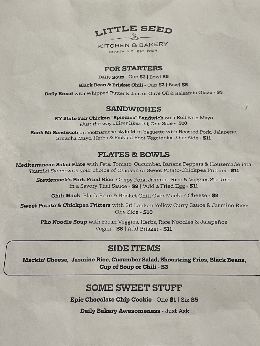 Little Seed Kitchen & Bakery menu board