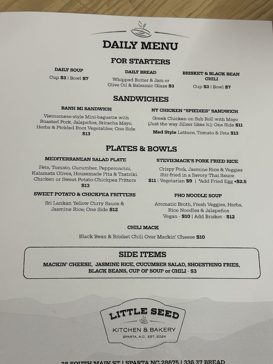 Little Seed Kitchen & Bakery menu board