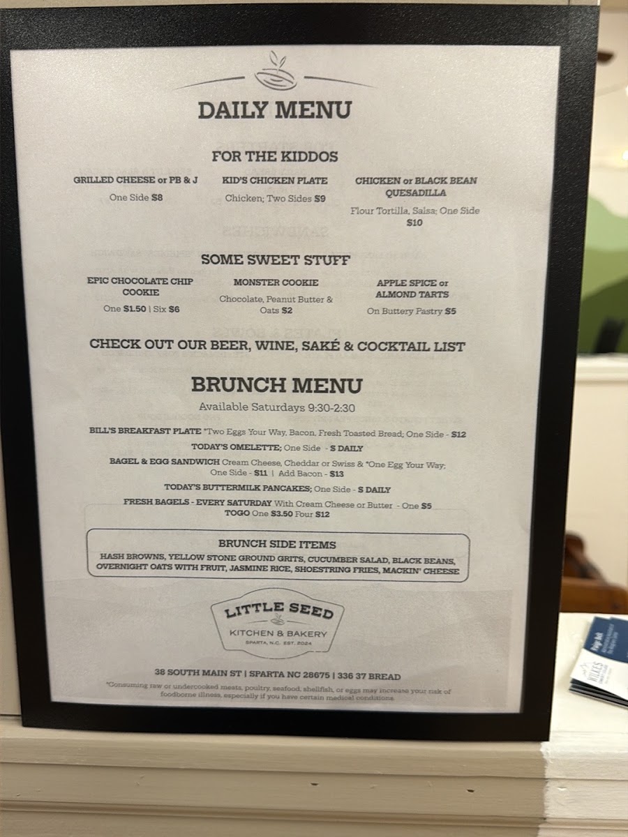 Little Seed Kitchen & Bakery menu board
