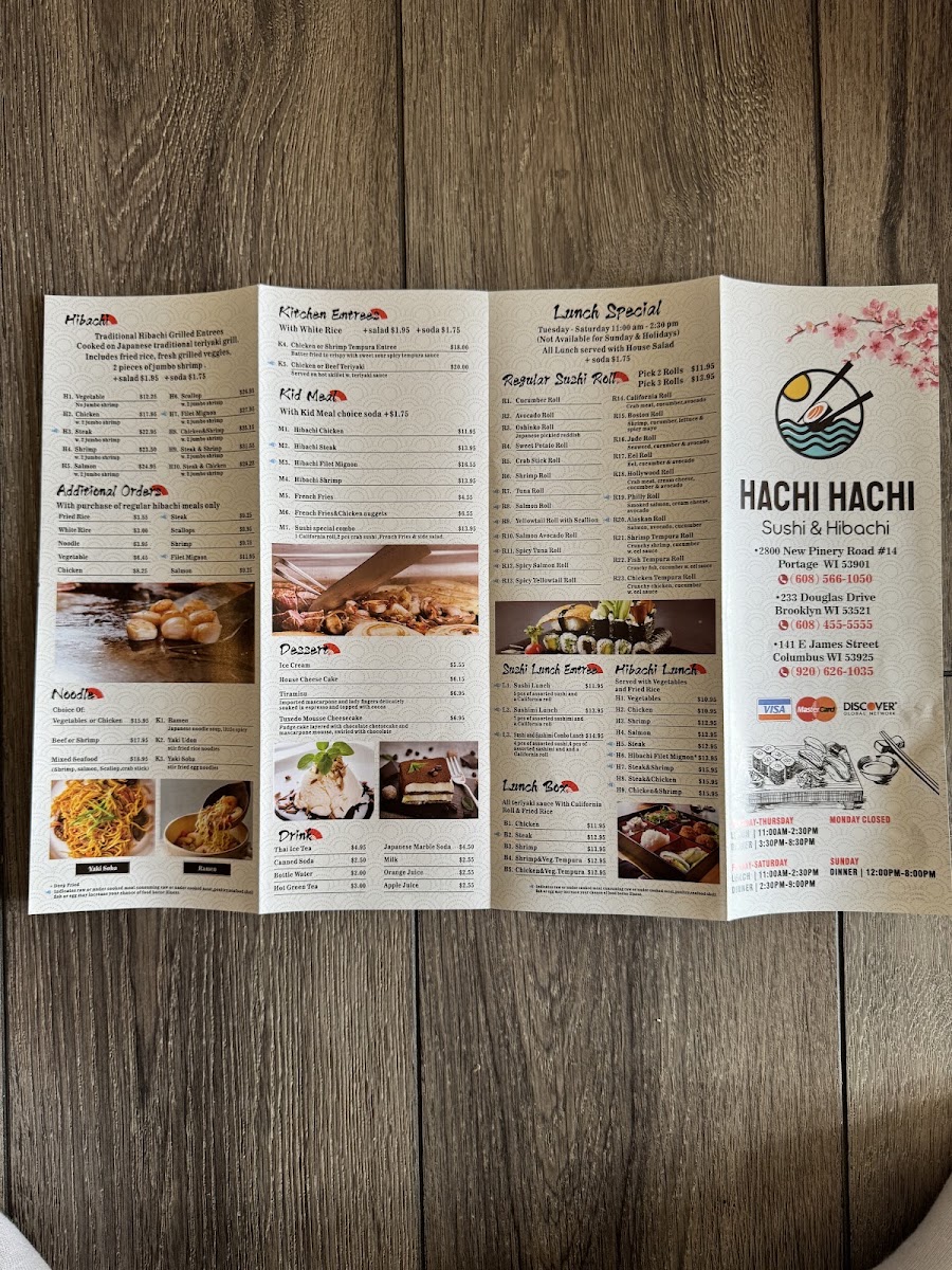 Hachi Hachi Sushi & Hibachi Portage menu board