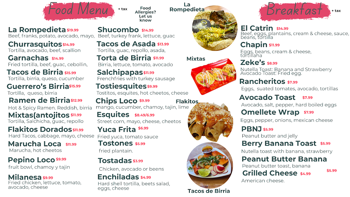 Lorena's Juice & Snack Bar menu board