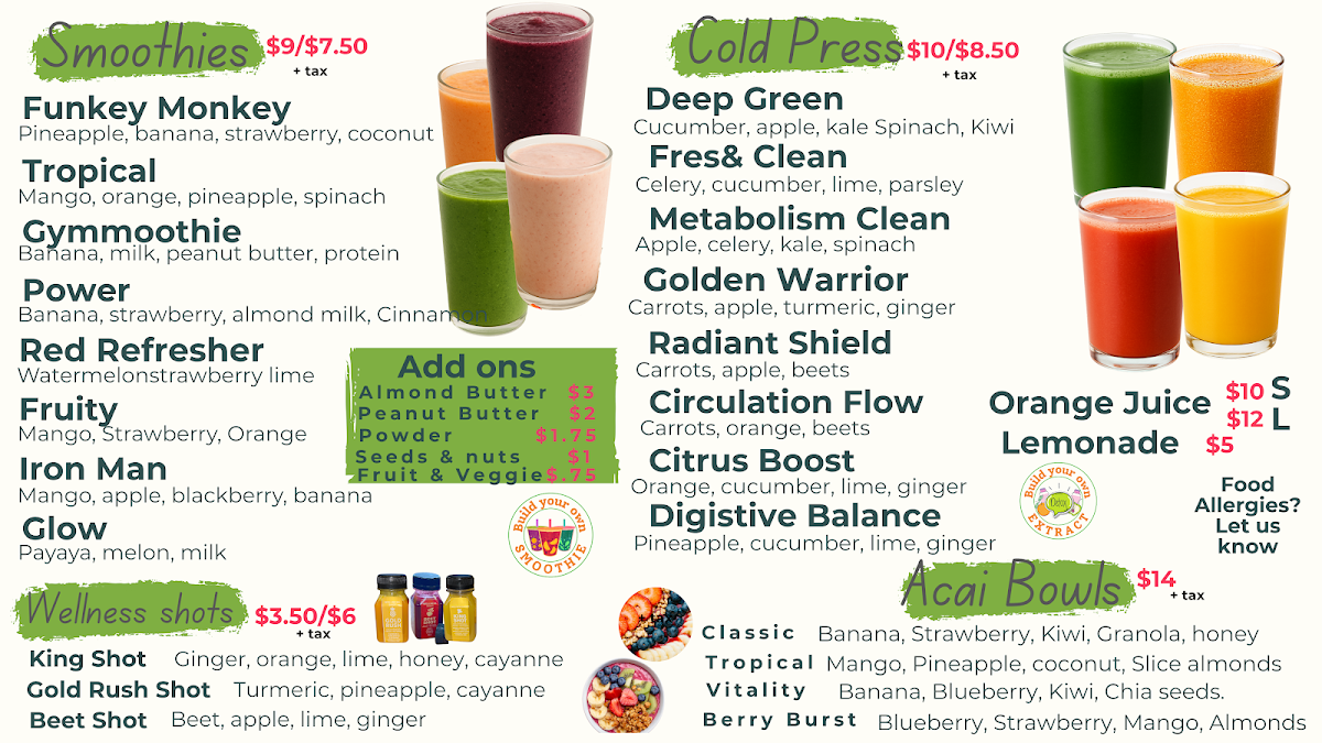 Lorena's Juice & Snack Bar menu board