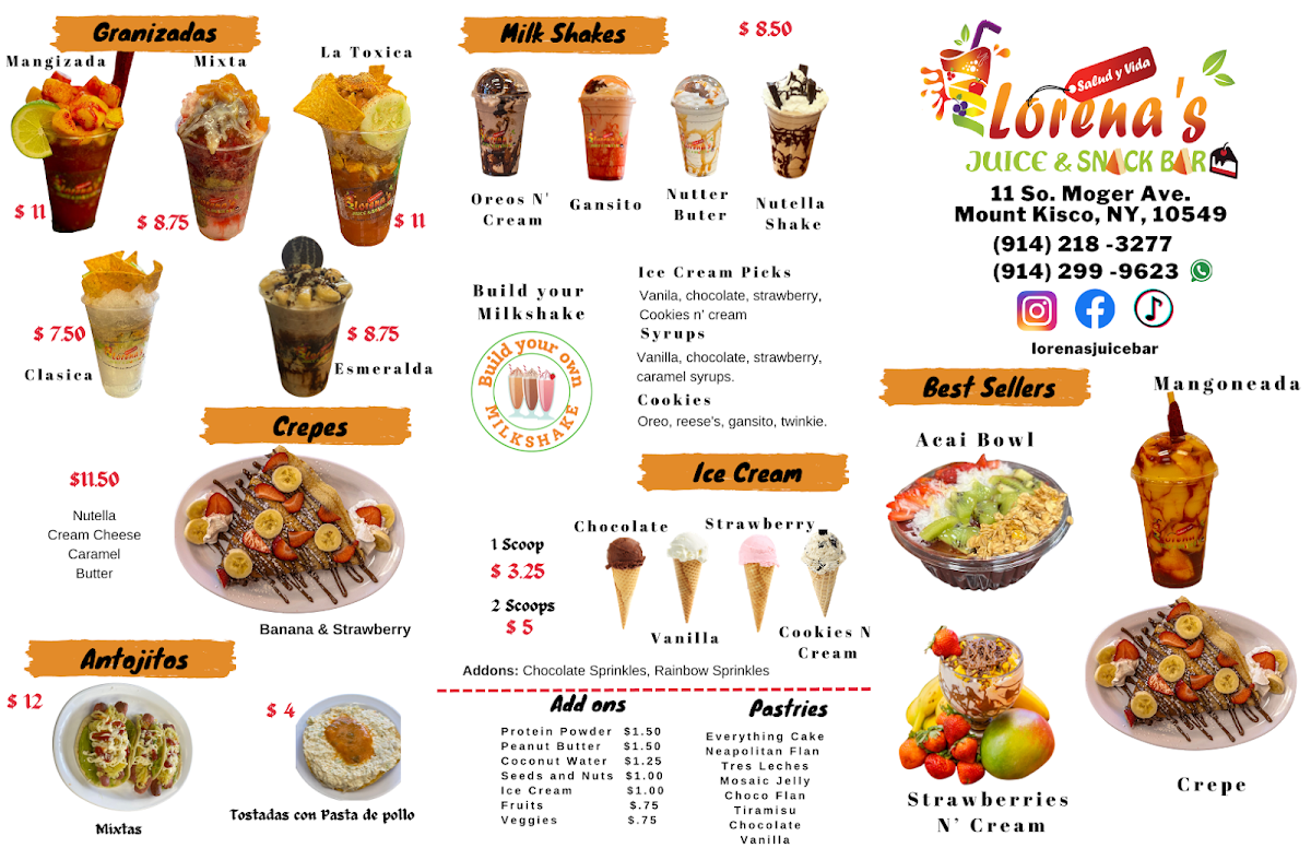 Lorena's Juice & Snack Bar menu board