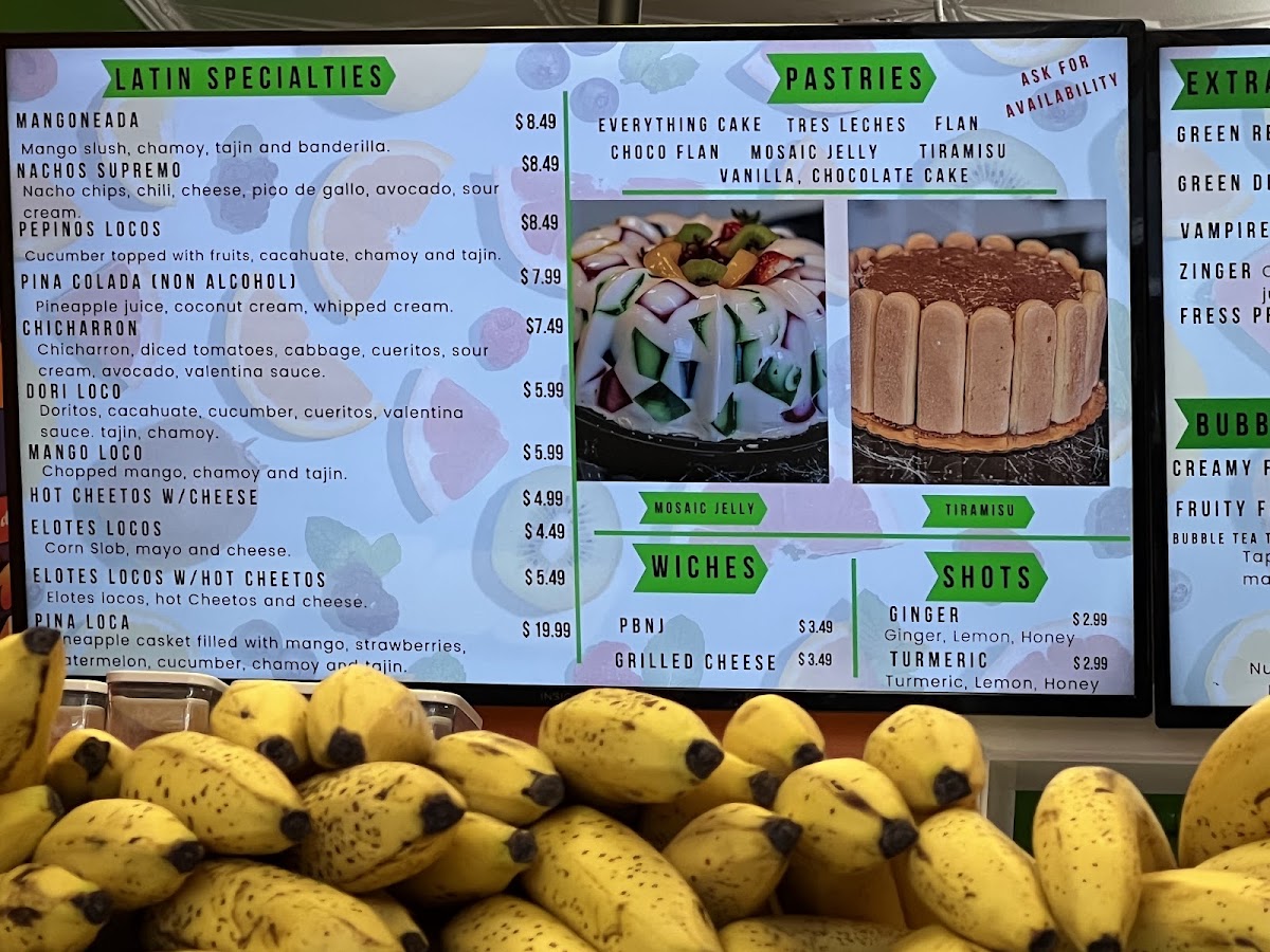 Lorena's Juice & Snack Bar menu board
