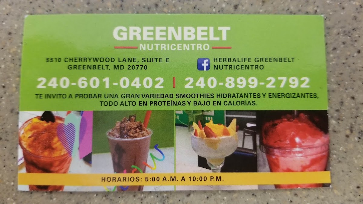 Greenbelt nutricentro menu board