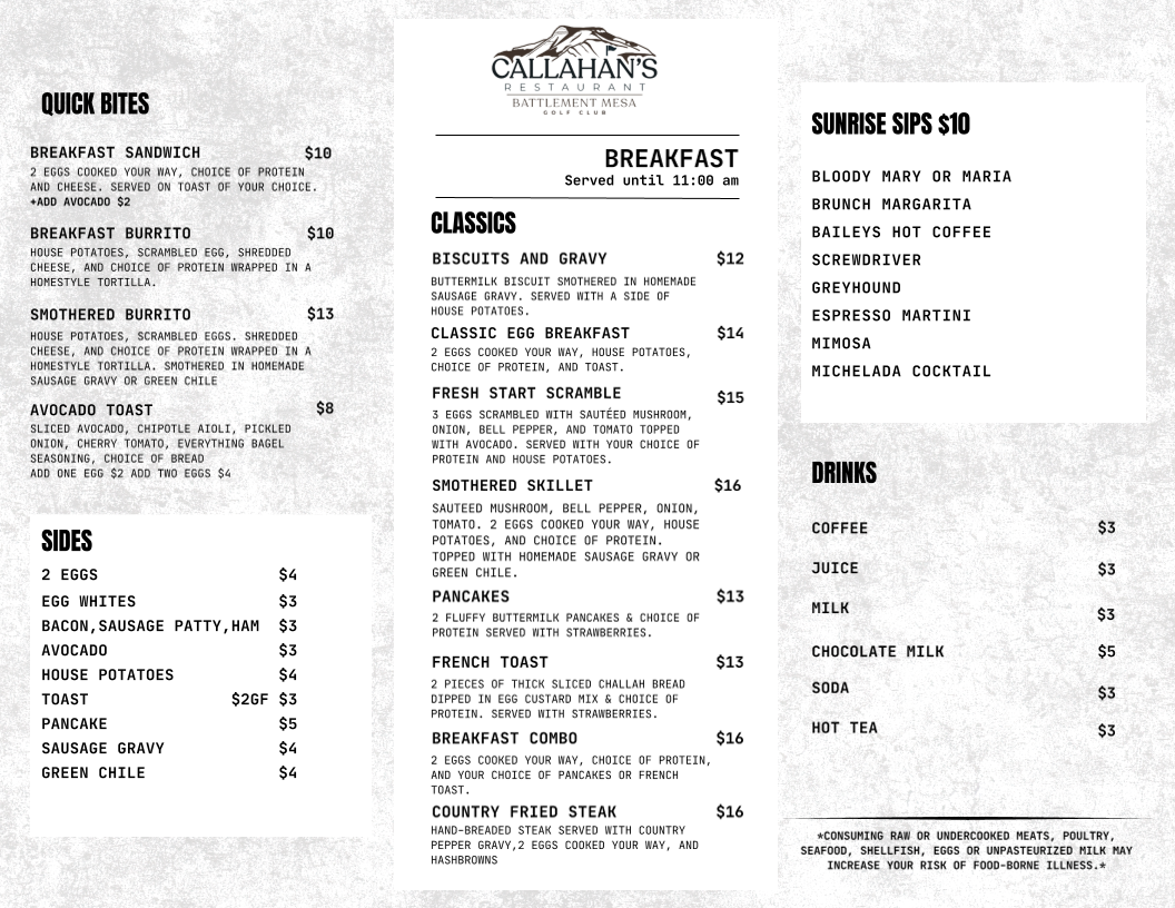 Callahan's at Battlement Mesa Golf Club menu board
