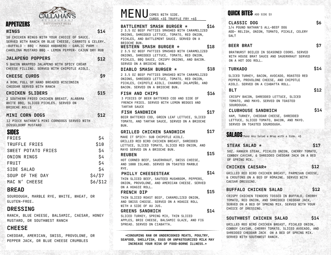 Callahan's at Battlement Mesa Golf Club menu board
