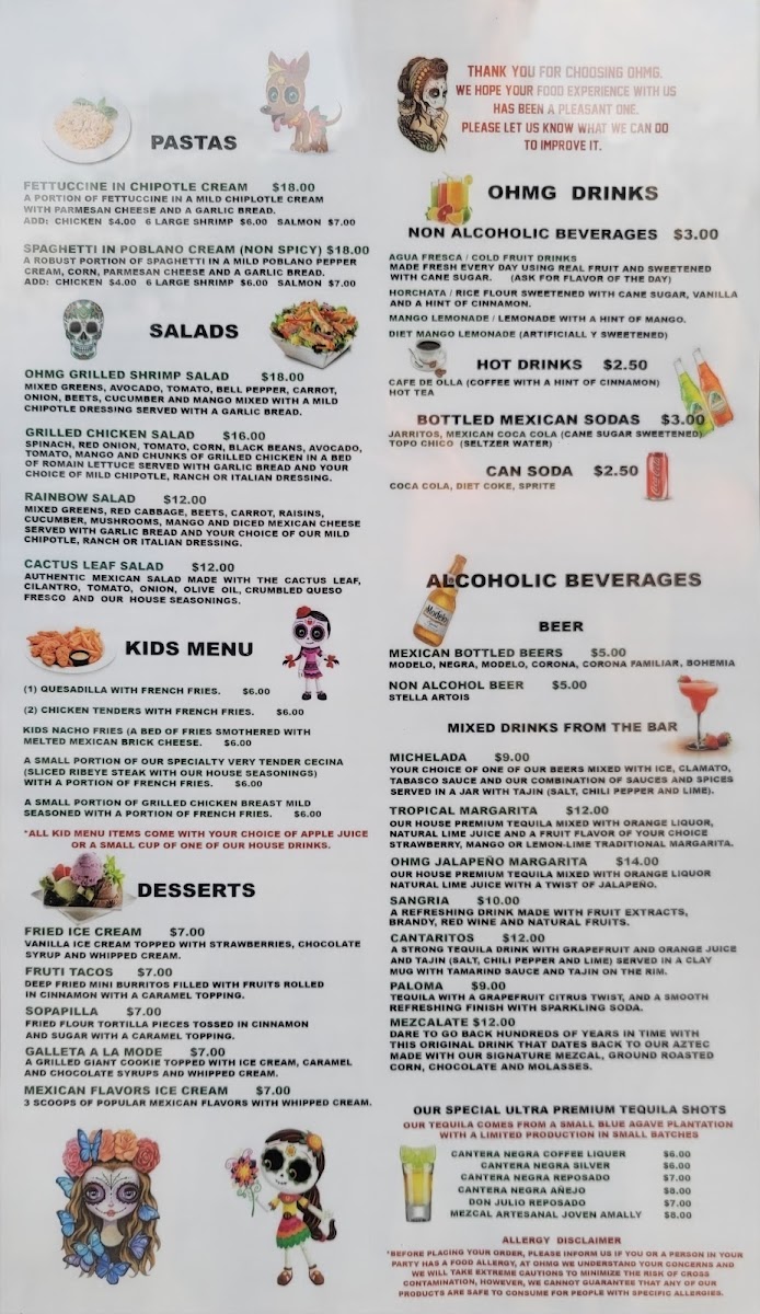 OHMG Mexican Cuisine Of Elburn menu board