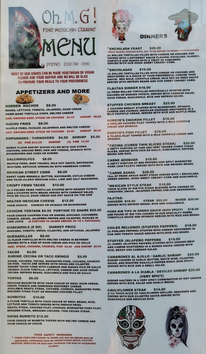 OHMG Mexican Cuisine Of Elburn menu board
