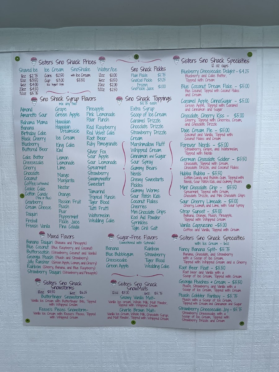 Snow Bungalow Snow Cones menu board