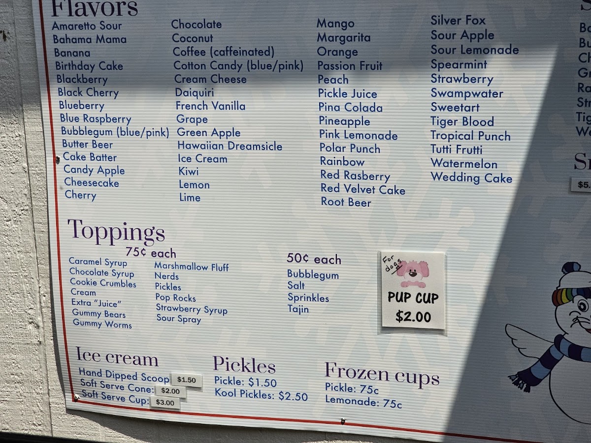 Snow Bungalow Snow Cones menu board
