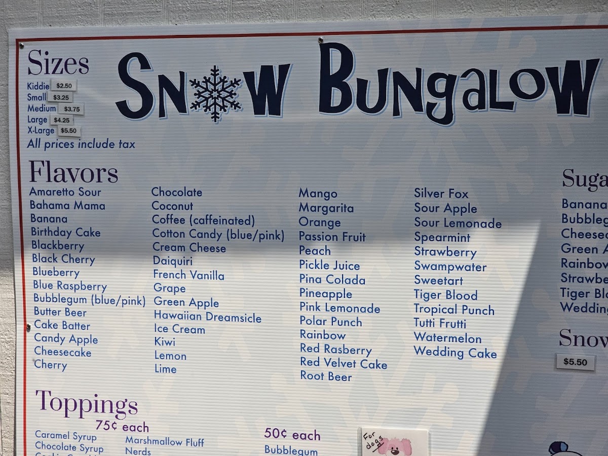 Snow Bungalow Snow Cones menu board