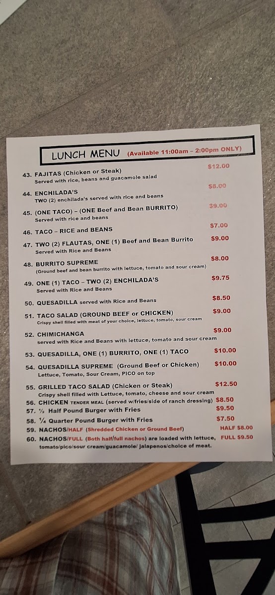 Taqueria Ms.Flores menu board