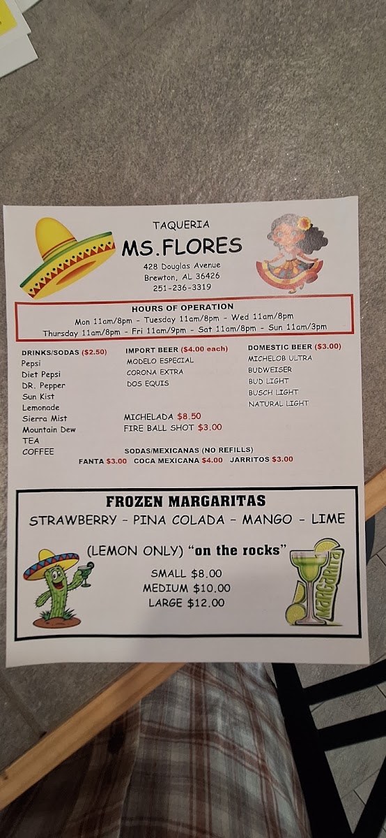 Taqueria Ms.Flores menu board