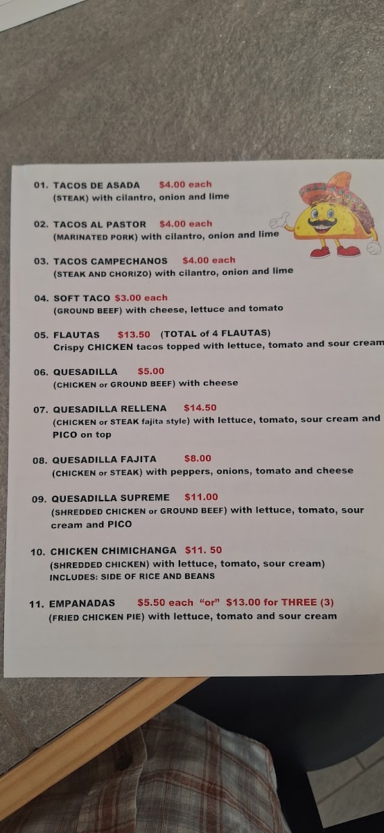 Taqueria Ms.Flores menu board