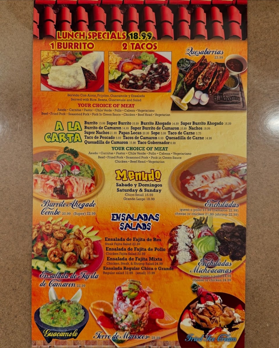 El Michoacano Mexican Kitchen menu board