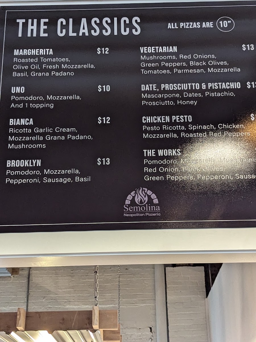 Semolina Pizzaria menu board