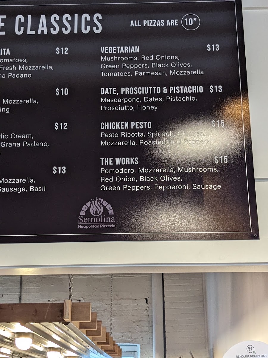 Semolina Pizzaria menu board